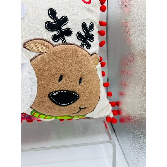 Merry Christmas Pillow Santa Reindeer Pom Pom Decorative Throw Cushion Holiday - Picture 3 of 8